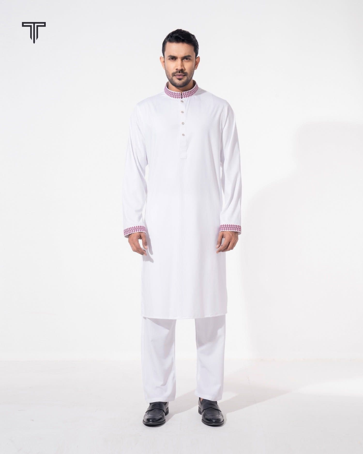 Pink Embroidered White Panjabi